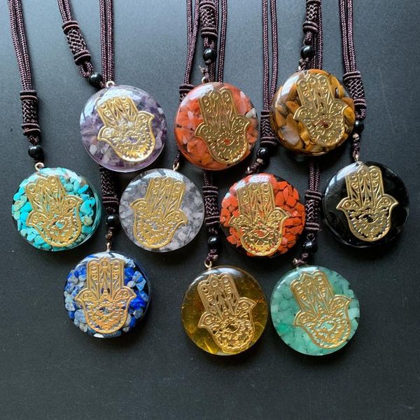 

hand of fatima necklace resin chakra crystal chips combination round pendant orgonite energy long chain 1pc necklaces, Silver