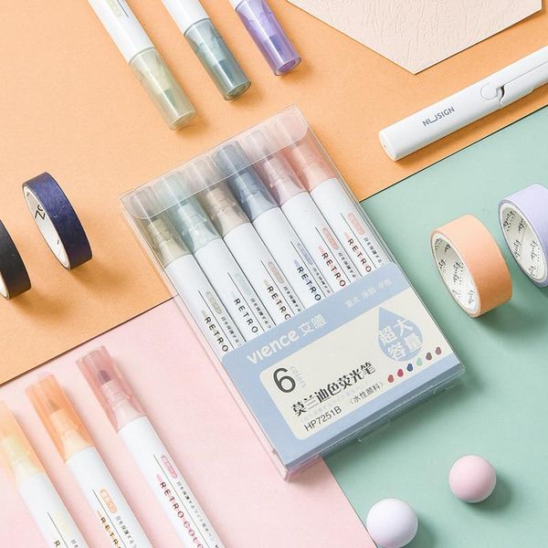 

6pcs/set macaron colorful highlighters fluorescent pen sketching markers highlighter art marker pens school japanese stationery, Black;red