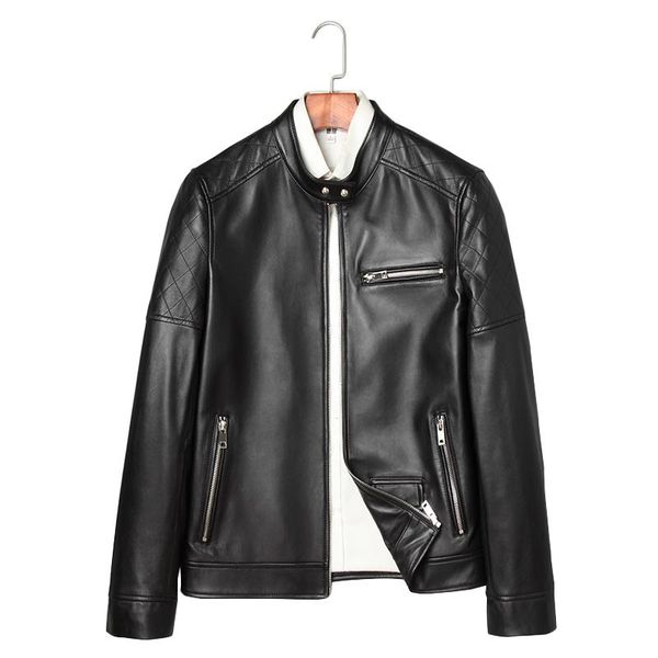 

men's leather & faux quality genuine sheepskin men short moto coat regular male black jacket casual natural zipper spring