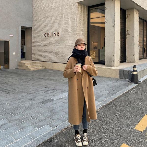 

women's wool & blends women solid blend coat female slim fit coats warm thicken overcoat office ladies elegant trendy button outerwear, Black