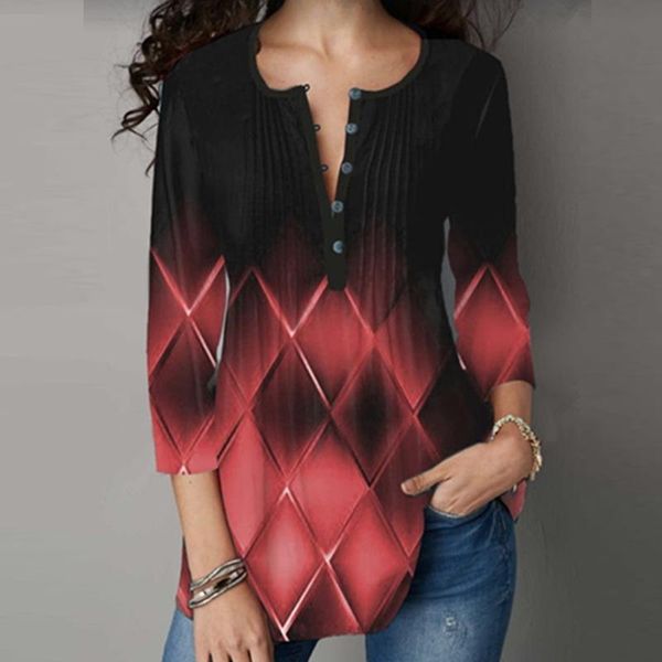 

women's blouses & shirts spring diamond gradient print shirt women elegant o-neck three quarter sleeve ladies casual loose blusa 5xl l2, White