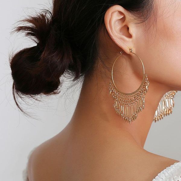 

trendy big round rivet dangle earrings for women tassel sequins beads drop earring gold pendant statement jewelry brincos femme & chandelier, Silver