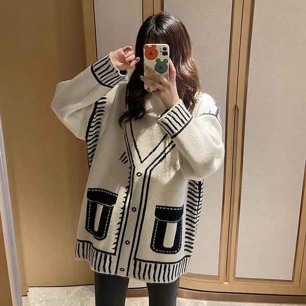 

women's sweaters [ewq] fashion chic printed knitted pullovers autumn 2021 half high neck loose long sleeve sweater female 16e3722, White;black
