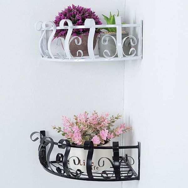 

planters & pots 1pc iron art flower pot rack wall mounted shelf hanging semicircle stand basket (black)