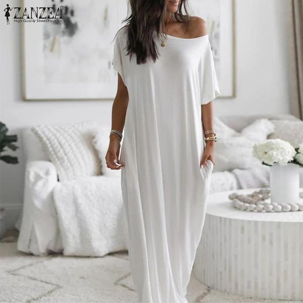 

casual dresses zanzea women leisure dress 2021 summer knitted maxi vestidos solid loose long sundress ladies short sleeve robe, Black;gray