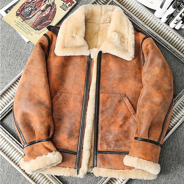 

men's leather & faux bomber genuine jacket natural wool fur collar winter coats sheepskin shearling warm clothing plus size 9xl brown, Black