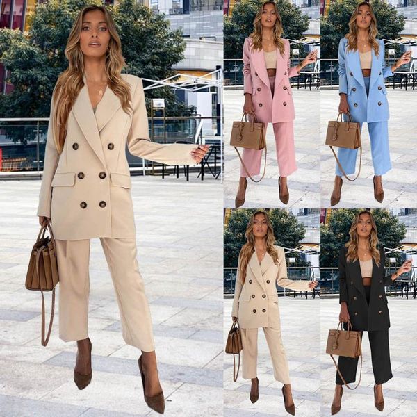 

women's two piece pants large lapel double-breasted slim-fit blazer casual straight trousers office white-collar suit female women