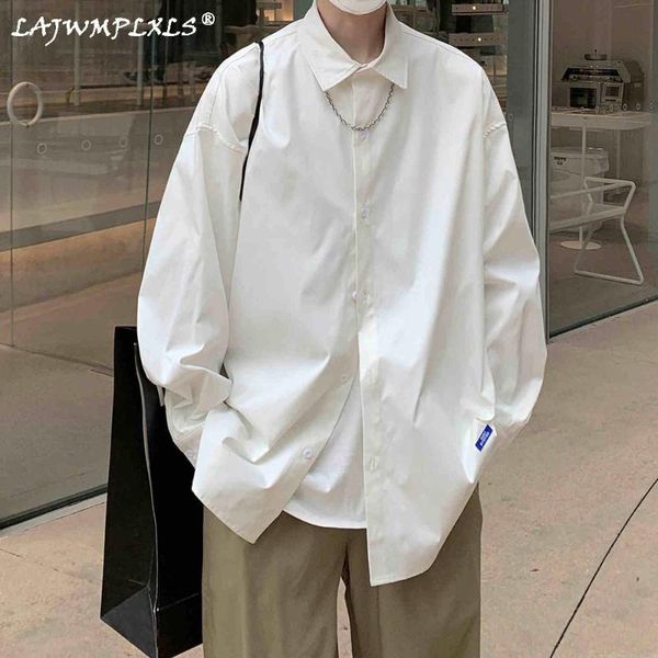 

men's casual shirts minimalist wear 2021 spring long sleeve black white fashion korean loose big size, White;black