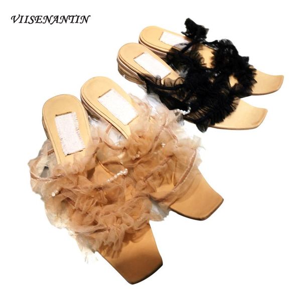 

slippers viisenantin low heel sandals female 2021 summer lace pearl retro square head arrival pre-sell, Black