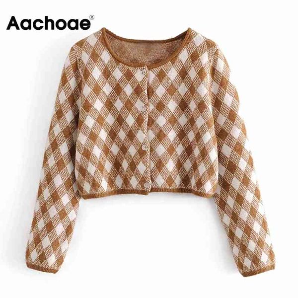 

aachoae elegant plaid sweater long sleeve casual lady cropped o neck cardigan sweater female knit jumper autumn spring 210413, White;black