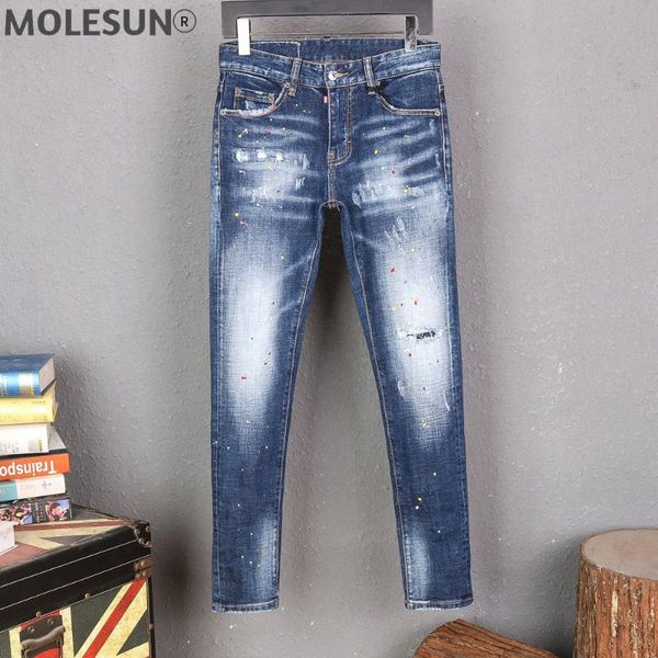 

men's jeans brand european stretch pants men slim denim trousers zipper blue hole pencil for 8243