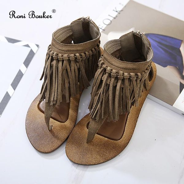 

roni bouker women's thong sandals woman gladiator fringe zipper flat shoes women summer sandal brown drop, Black