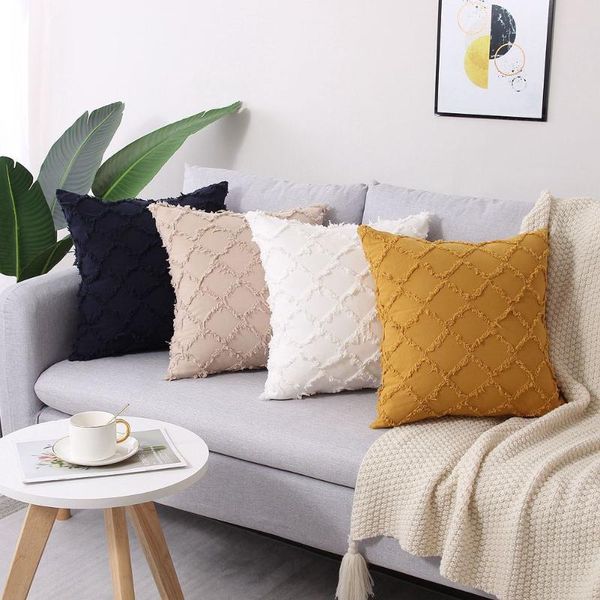 

cushion/decorative pillow bohemian style pillowcase pure color cotton linen cut flower cushion covers fringed plaid 1 piece throw case with