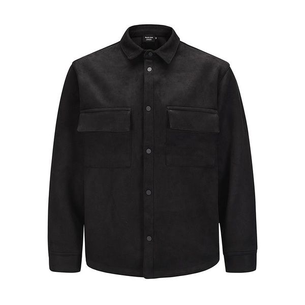 

men's casual shirts harajuku suede double padded fleece mens thick lapel streetwear oversize black pockets loose shirt, White;black