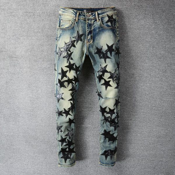 

men's jeans high street star leather collage knee knife cut hole retro made slim leggings skinny, Blue
