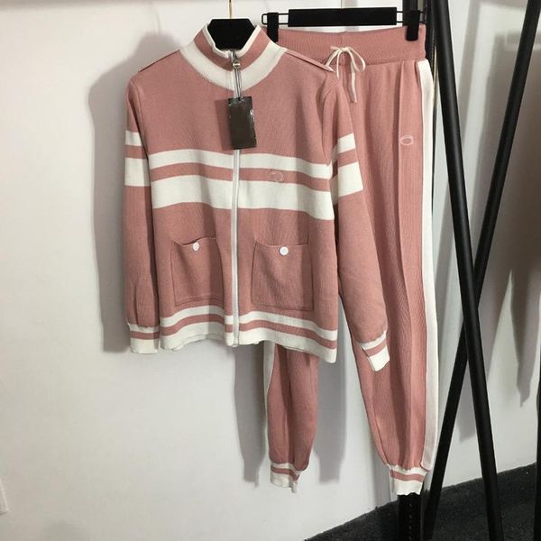 

5 colors women sweaters set baroque stripe lady sport suit sets winter fall elastic knit cardigan coat, White;black