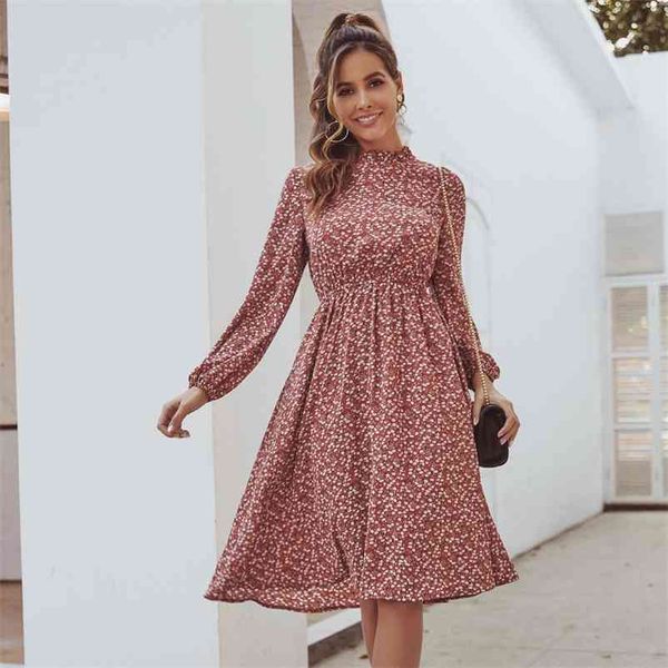 Foridol Elegant Ladies Floral Print Dress Donna autunno inverno manica lunga Boho Dress Ladies Red Midi office lady Dress Vestidos 210415