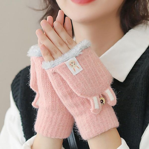 

sports gloves 1pair women girls lovely winter warm fingerless fluffy plush half finger mitten knitted outdoor sport, Black