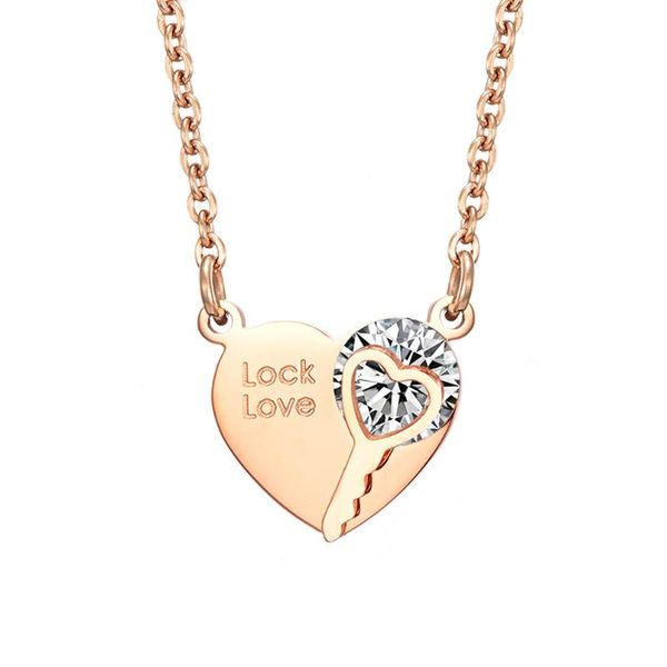 

chains valentine's day, japan and south korea lock love chain heart key diamond titanium steel necklace female, Silver