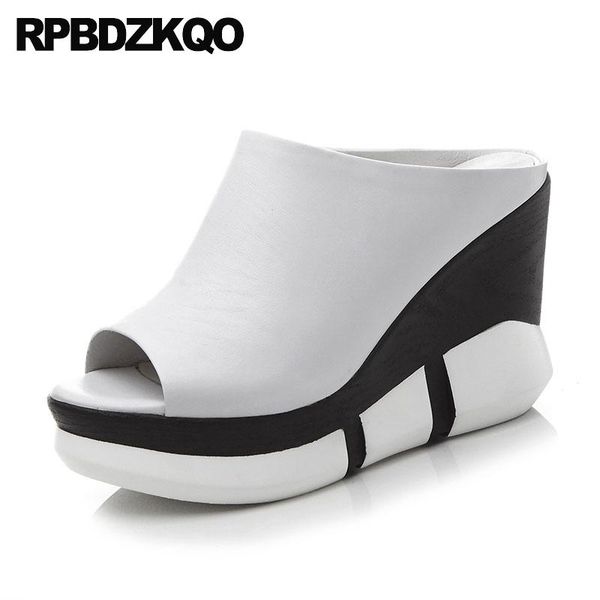 

pumps designer shoes women luxury 2021 genuine leather wedge sandals mules runway peep toe white high heels platform slides, Black