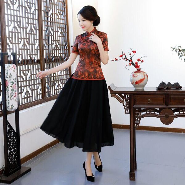 

plus size s-4xl womens blouse skirt 2pc sets summer silk short sleeve shirt vintage chinese style mandarin collar clothing women's two, White