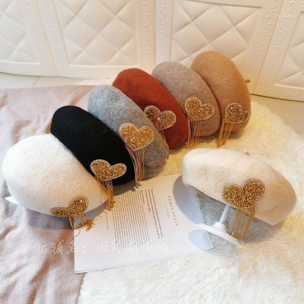 

berets beret female autumn and winter love tassel wool painter hat retro octagonal pumpkin elegant sboy, Blue;gray