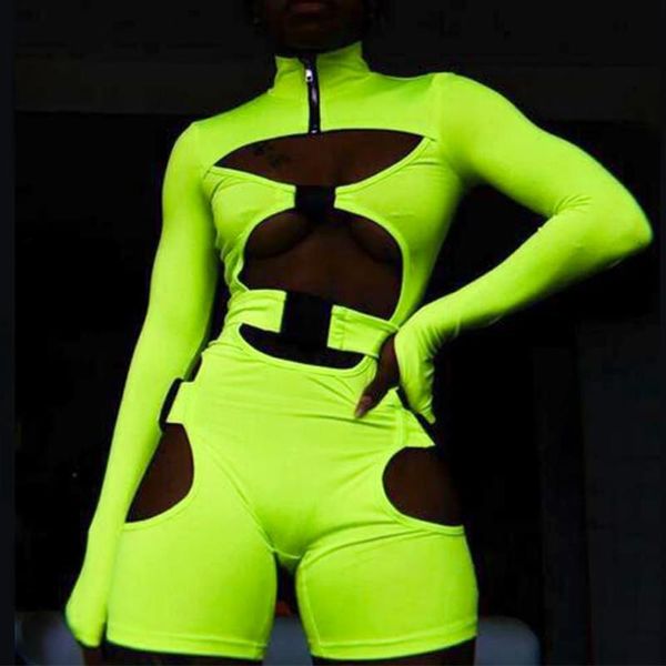 Ginásio Roupas Neon Bodysuit e Playsuit Sexy Hollow Out Buckle Biker 2021 Primavera Manga Longa Turtleneck Jumpsuit Mulheres Tracksuit