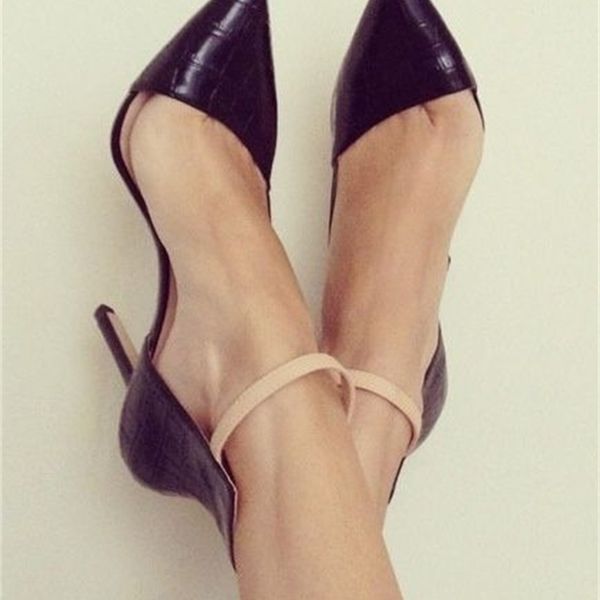 

shoe woman retro black leather pumps pointed toe high heels concise beige ankle buckles gracious design bow women's dress shoes w