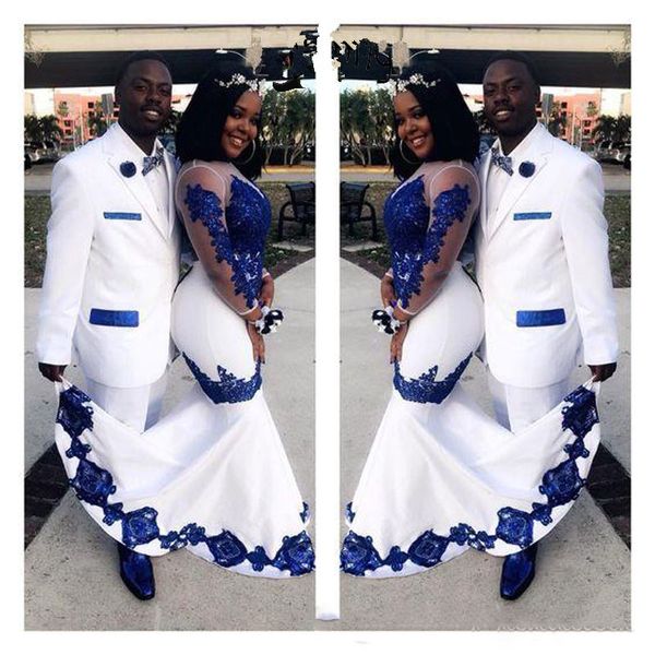 Nouveau Satin blanc bleu royal dentelle Aso Ebi robes de bal africaines manches longues Illusion appliqué sirène soirée robes formelles2910
