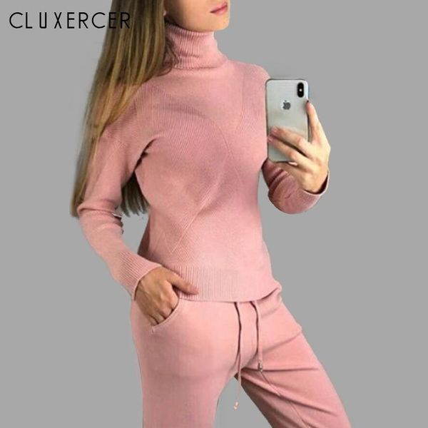 

women's two piece pants autumn winter warm turtleneck suit casual women clothing pieces set knit pant sporting female, White