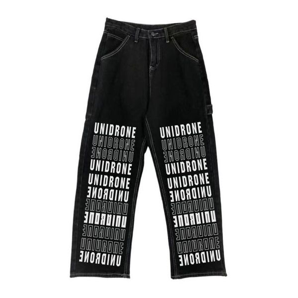 

women's jeans women commute loose high waist straight pants casual denim trousers vintage washed letter print wide leg female, Blue