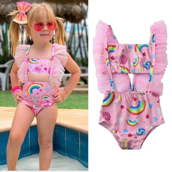 

baby girls swimsuit cute 2021 girl lace rainbow print two-piece swimming suit swimwear clothes trajes de baÃ±o para niÃ±as one-pieces, Black