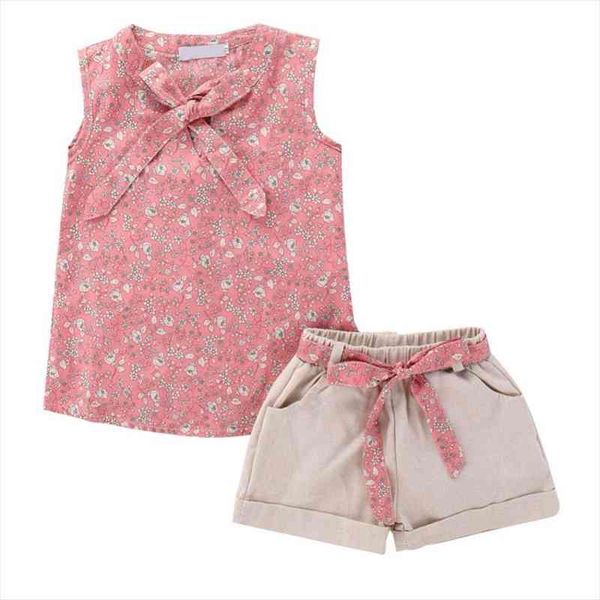 

summer girls kids girl floral bowknot sleeveless shorts pants casual sets children 1 6t, White