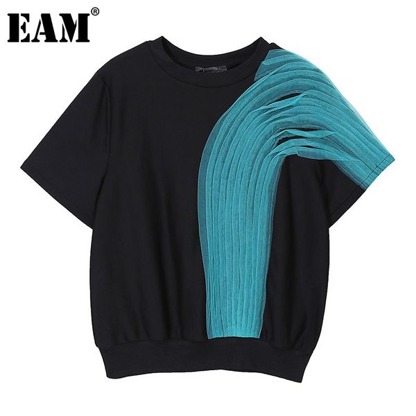 

[eam] women black blue contrast color mesh big size t-shirt round neck short sleeve fashion spring summer 1dd6093 210512, White