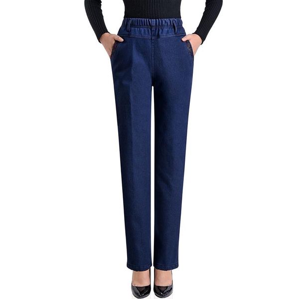 

plus size high waist jeans women spring autumn elastic denim trousers female winter flocking keep warm casual pants a2653 women's, Blue