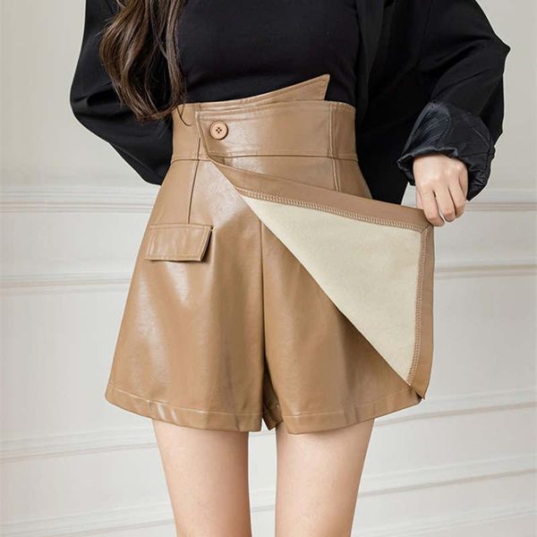

women's shorts fashion irregular pu leather women 2021 white black high waist wide leg casual short femme autumn biker c7791