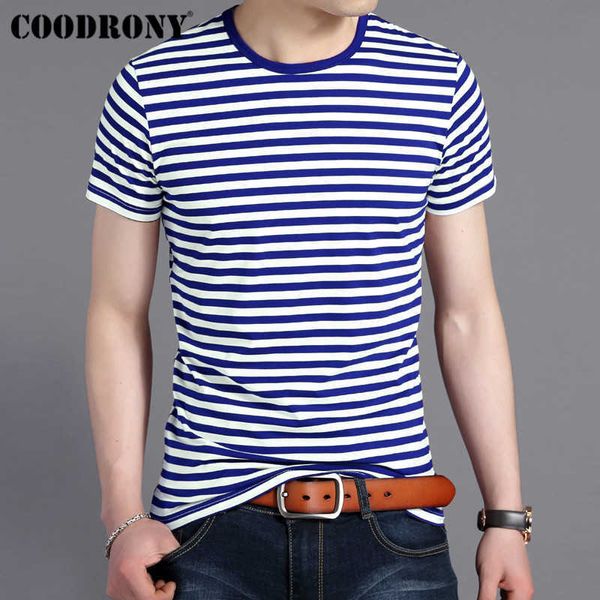 COODRONY T Shirt Uomo Streetwear Moda Navy Striped O-Collo Maglietta Estate Manica Corta T-Cotone Tee Homme S95133 210629