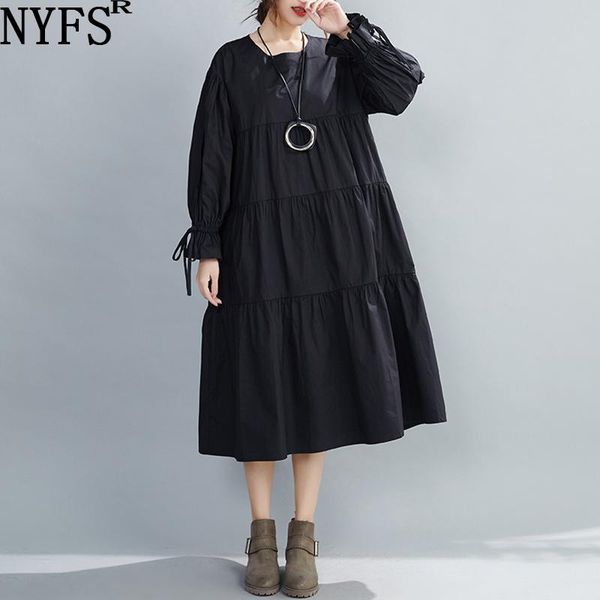 

casual dresses nyfs 2021 korean spring autumn loose woman dress vestido de mujer robe elbise cotton solid patchwork big hem cake, Black;gray