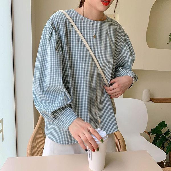 

women's blouses & shirts sweet plaid lantern sleeve shirt ulzzang japanese kawaii vintage female korean harajuku cute clothes for women, White