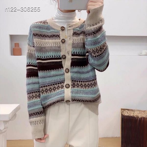 

autumn korean female cardigan womens sweaters loose retro color woven jacquard thick warm knitted sweater striped buttons jacket women, White;black