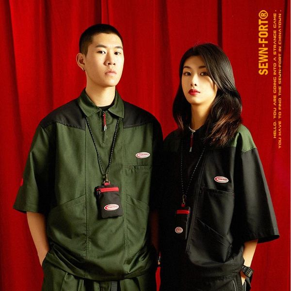 

men's casual shirts 2021 summer splicing shirt short-sleeved retro loose large size thin tooling green harajuku mens, White;black
