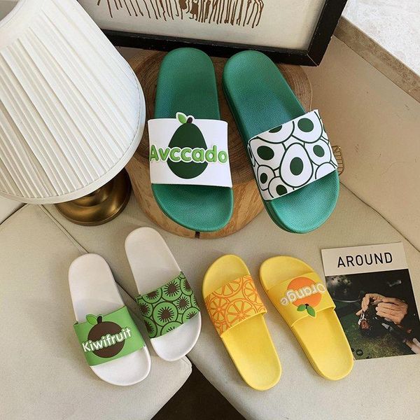

summer cartoon fruit home women slippers pvc bathroom non-slip house slides male flat shoes avocado, Black