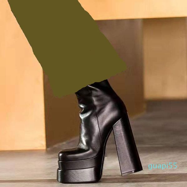 

black leather chunky high heels platform boots square toe slip on mid calf boot side zipper platforms shoes for women 1310