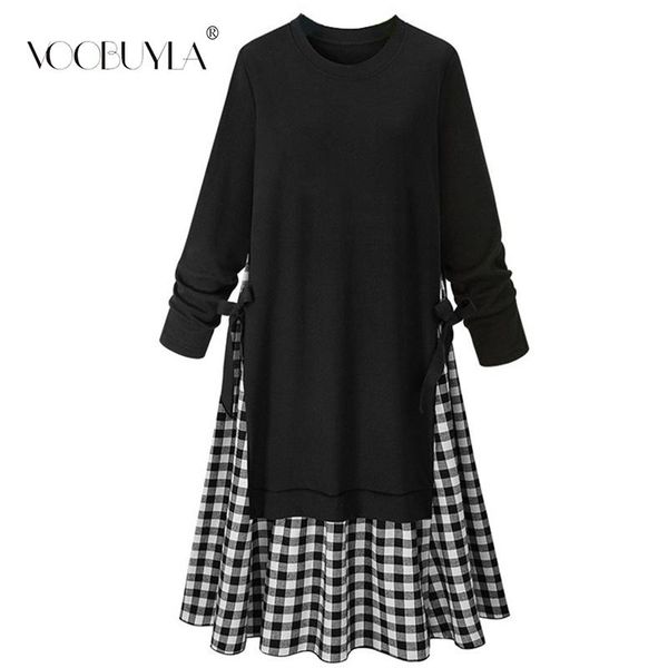 

casual dresses voobuyla spring patchwork full sleeve plaid dress women o neck bow knot belted elegant work loose plus size, Black;gray
