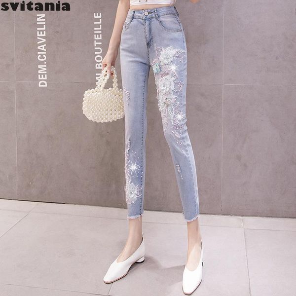 

women's jeans svitania ankle-length pants pencil embroidery flower nail high waist slim jean women, Blue