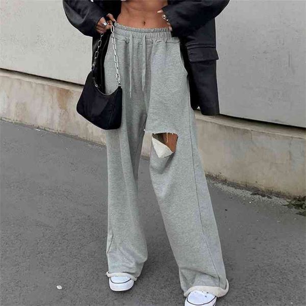 

fashion high waist sweat pants women autumn and winter hole mopping casual pants sports wide leg 4 colors 210508, Black;white
