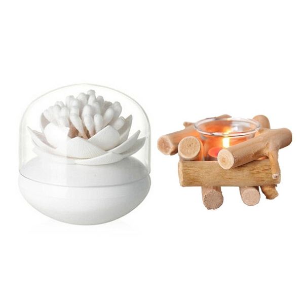 

chic lotus flower cotton bud holder toothpick case (white) with pastoral retro wooden driftwood candle glass holders