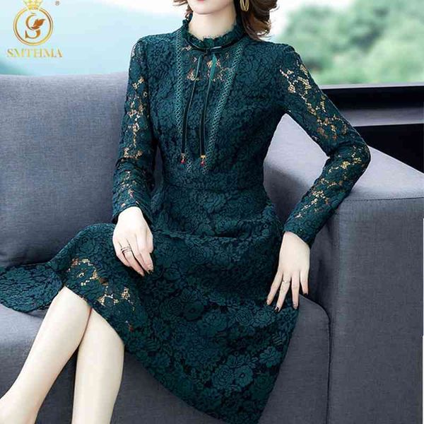 

women's spring lace hollow out dress robe vintage temperament long sleeve high-end design vestidos 210520, Black;gray