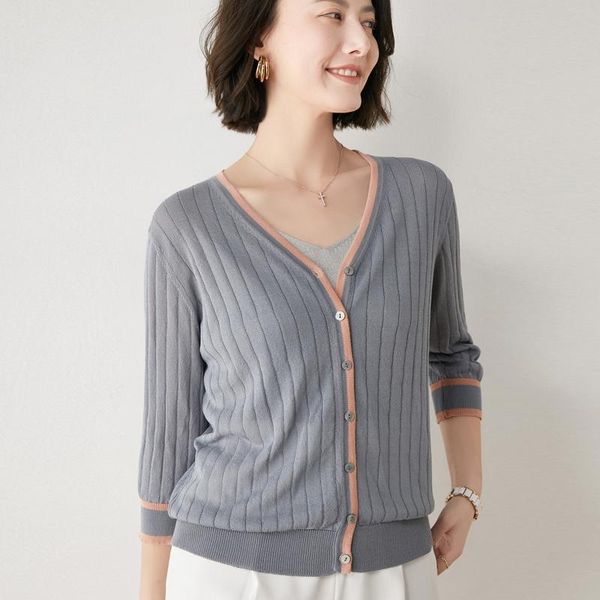 

women's knits & tees summer 2021,women's t-shirts,v-neck cardigans,color matching,fashion casual,ice silk knit sweater,cool,breath, White