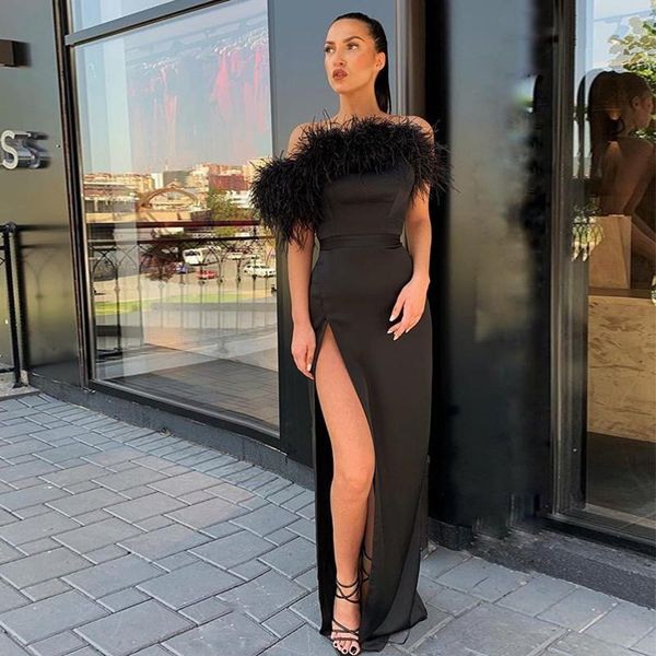 

party dresses 2021 elegant black long evening dress gown with feathers and slit, White;black